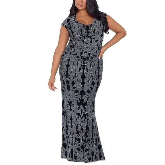 Betsy & Adam | Dresses | Betsy Adam Womens Black Glitter Cap Sleeve Evening  Dress Gown Plus Nwt | Poshmark